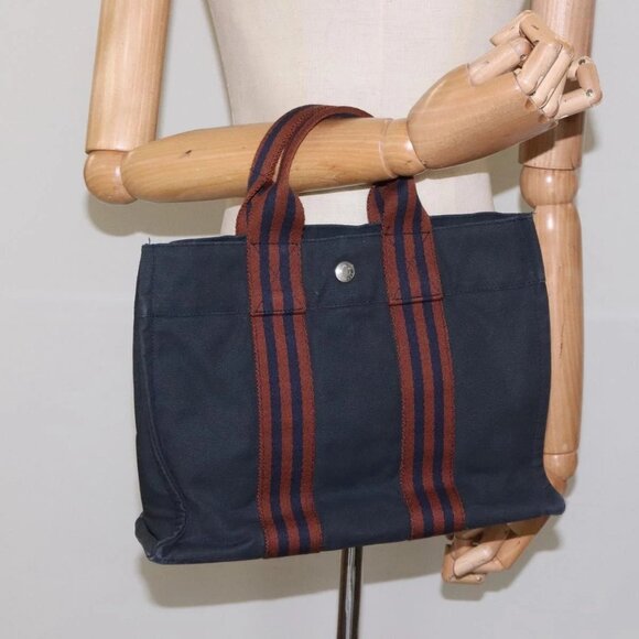 HERMES Fourre Tout PM Hand Bag Canvas Navy Brown Silver Auth - Picture 1 of 16